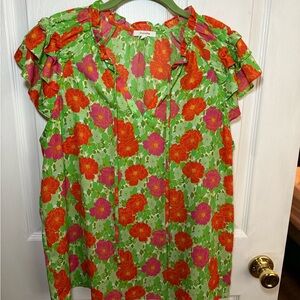 Pleione Red and Green Puff Sleeve Ruffled Blouse